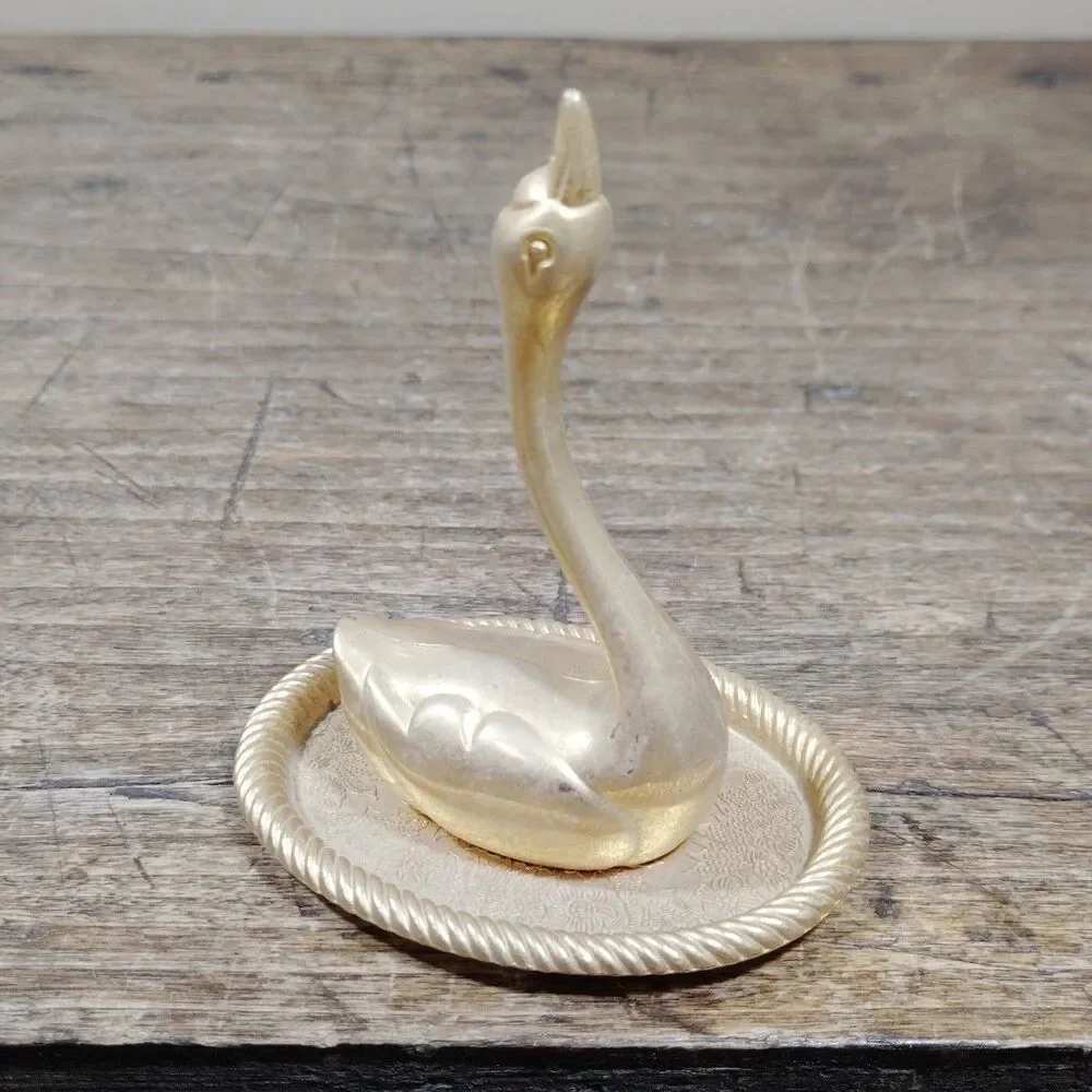 Vintage Swan Goose Ring Jewelry Holder Gold Tone Tray Stand Figurine